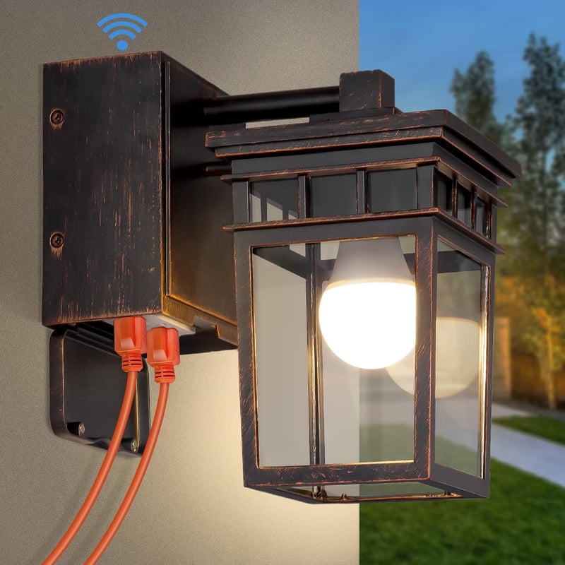 FANDBO Dusk to Dawn Outdoor Wall Lighting with Outlet,Porch Light with GFCI Outlet Built in,Anti-Rust Alunmium Wall Lantern with Clear Glass Shade,Outdoor Light for House Garage, Bulb Included(Brown) - Image 1